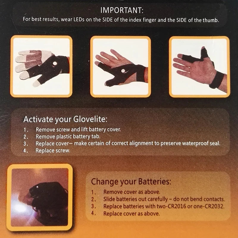 Gants à lampe torche GLOVELITE – LED intégrée pour pêche et chasse