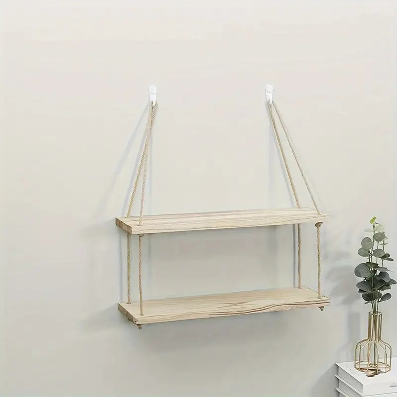 Étagère DOUBLE murale suspendue en bois rustique avec corde