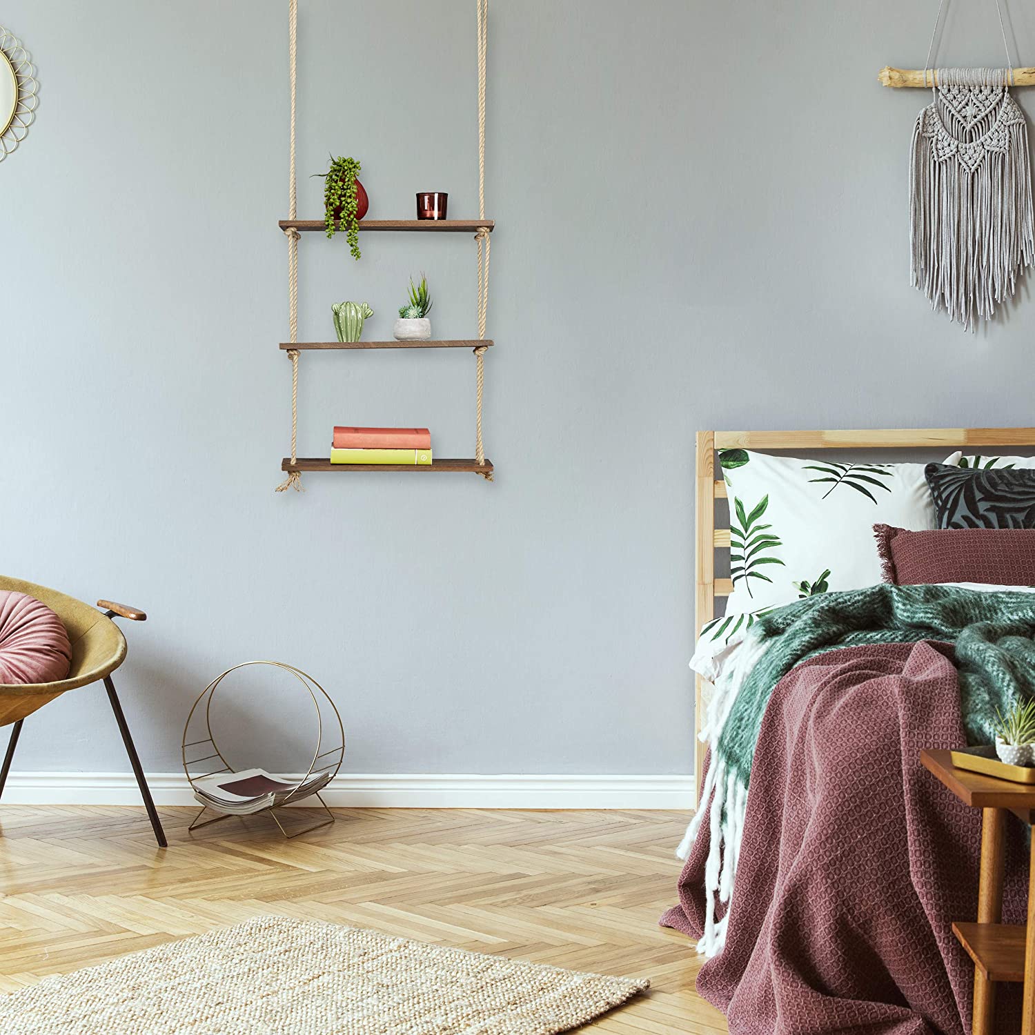Triple Etagere murale suspendue en bois rustique avec corde