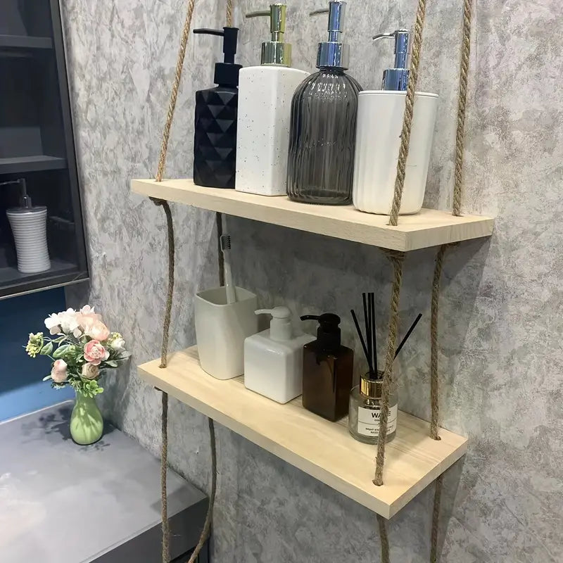 Triple Etagere murale suspendue en bois rustique avec corde