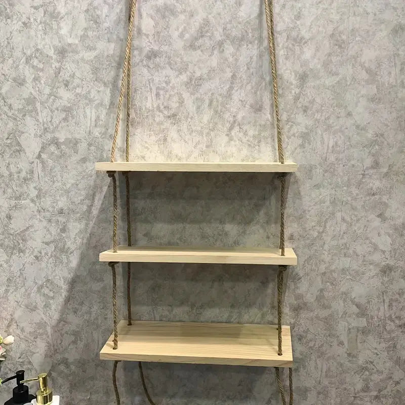 Triple Etagere murale suspendue en bois rustique avec corde