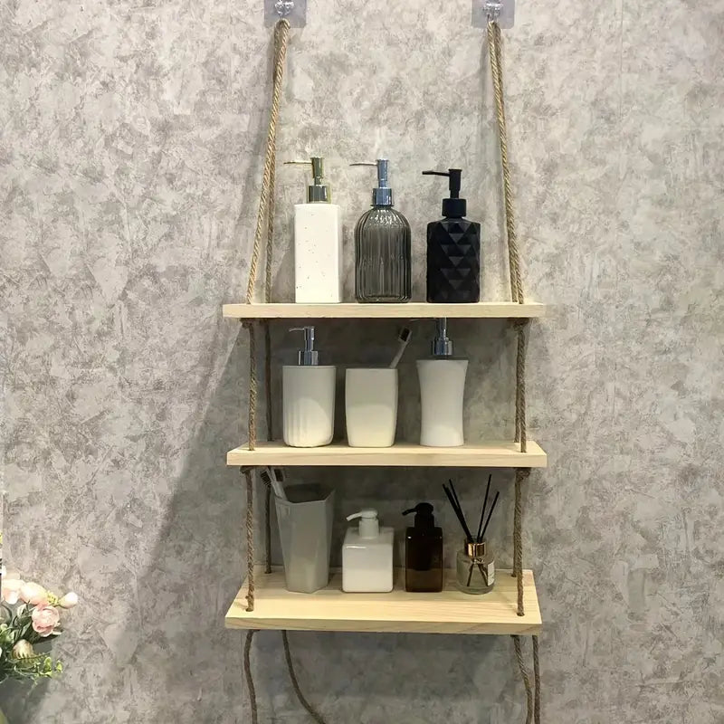 Triple Etagere murale suspendue en bois rustique avec corde