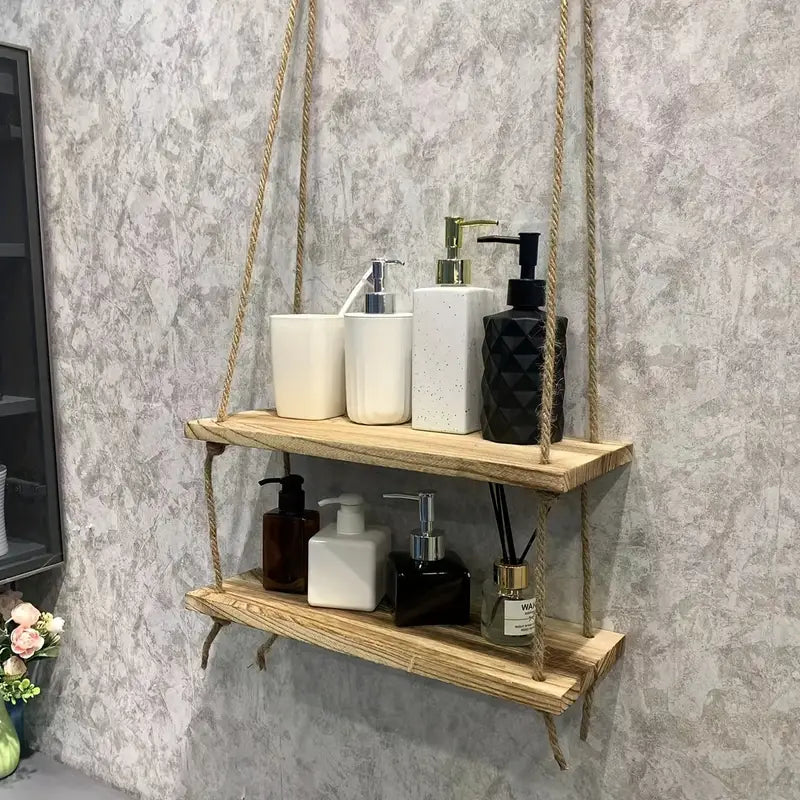 Triple Etagere murale suspendue en bois rustique avec corde