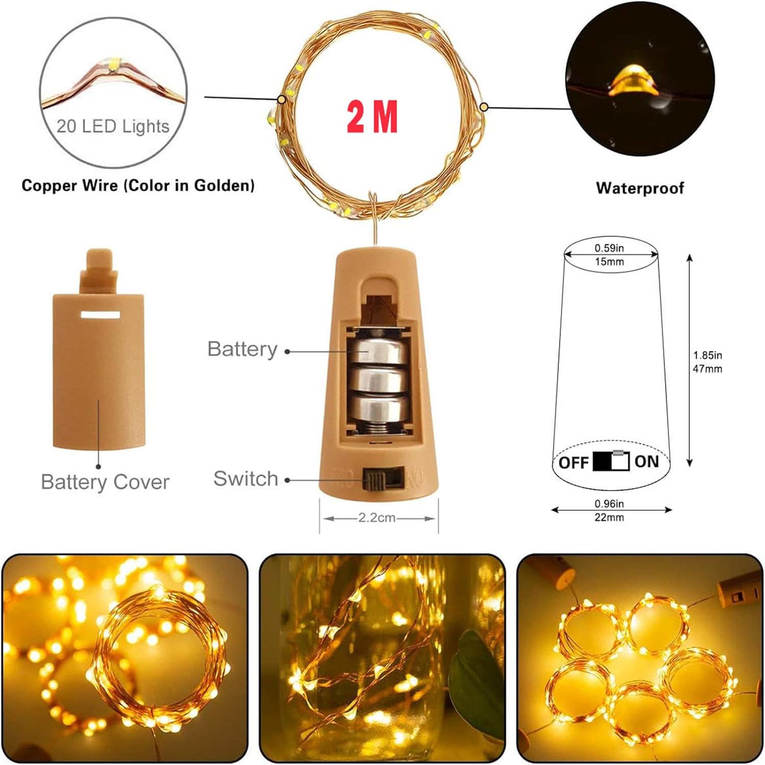 Lot 3 bouchons  2m– 20 LED- Guirlandes Lumineuse Bouteille de vin LED WW