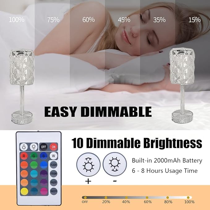 Lampe de Chevet RGB Tactile Sans Fil – Rechargeable USB, 16 Couleurs, 4 Modes, Design Cristal Diamant