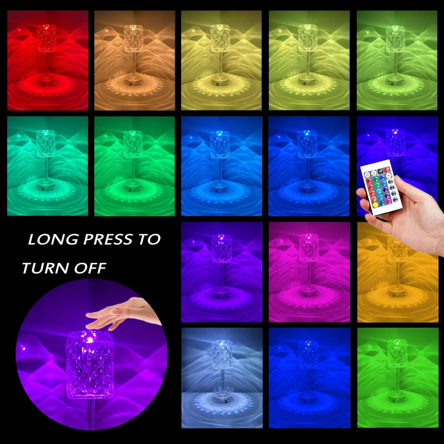 Lampe de Chevet RGB Tactile Sans Fil – Rechargeable USB, 16 Couleurs, 4 Modes, Design Cristal Diamant