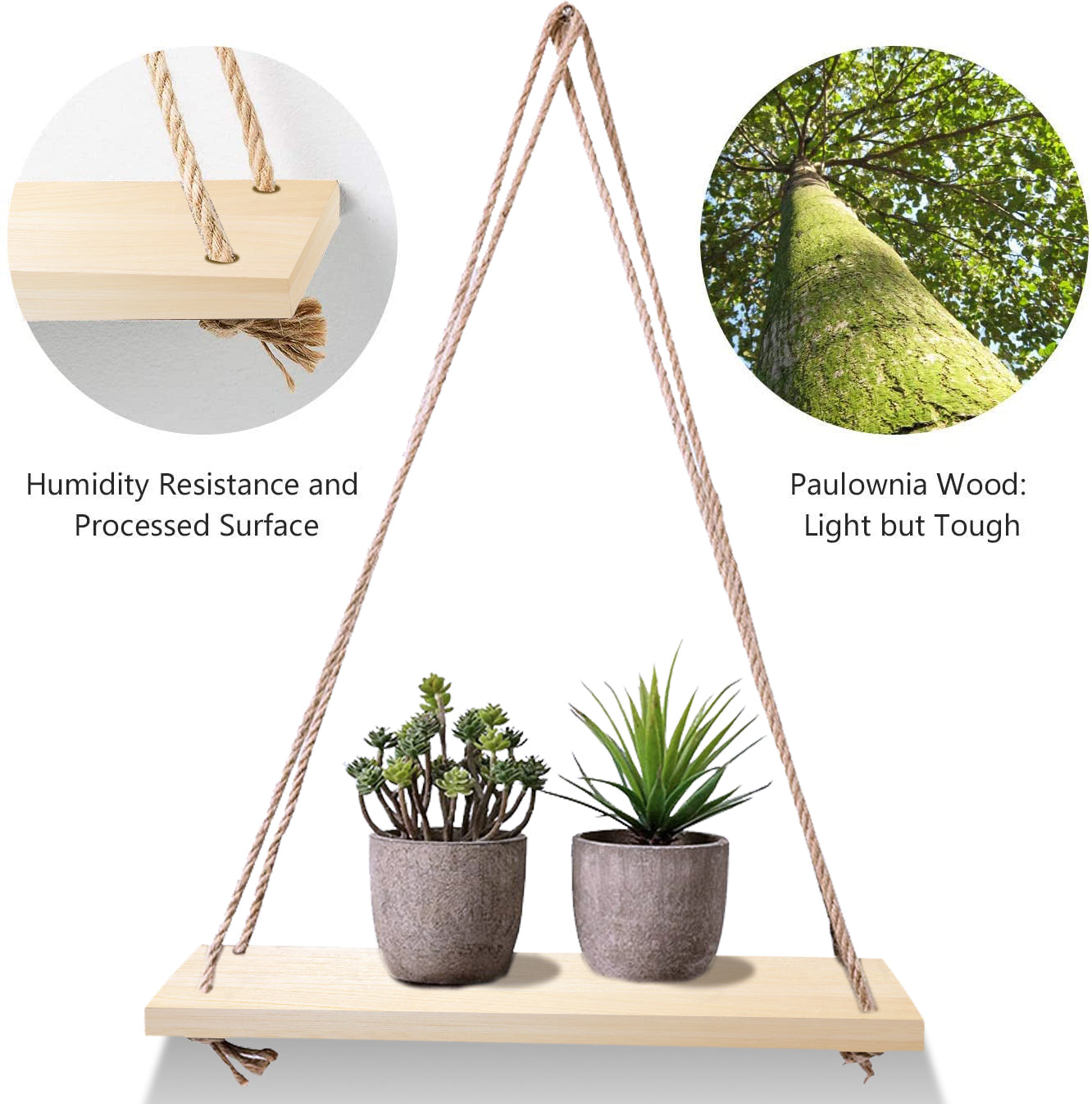 Étagère Murale Suspendue en Bois Naturel – Design Rustique et Élégant