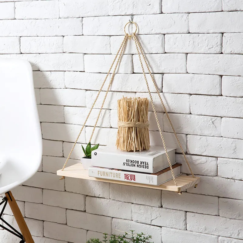 Étagère Murale Suspendue en Bois Naturel – Design Rustique et Élégant