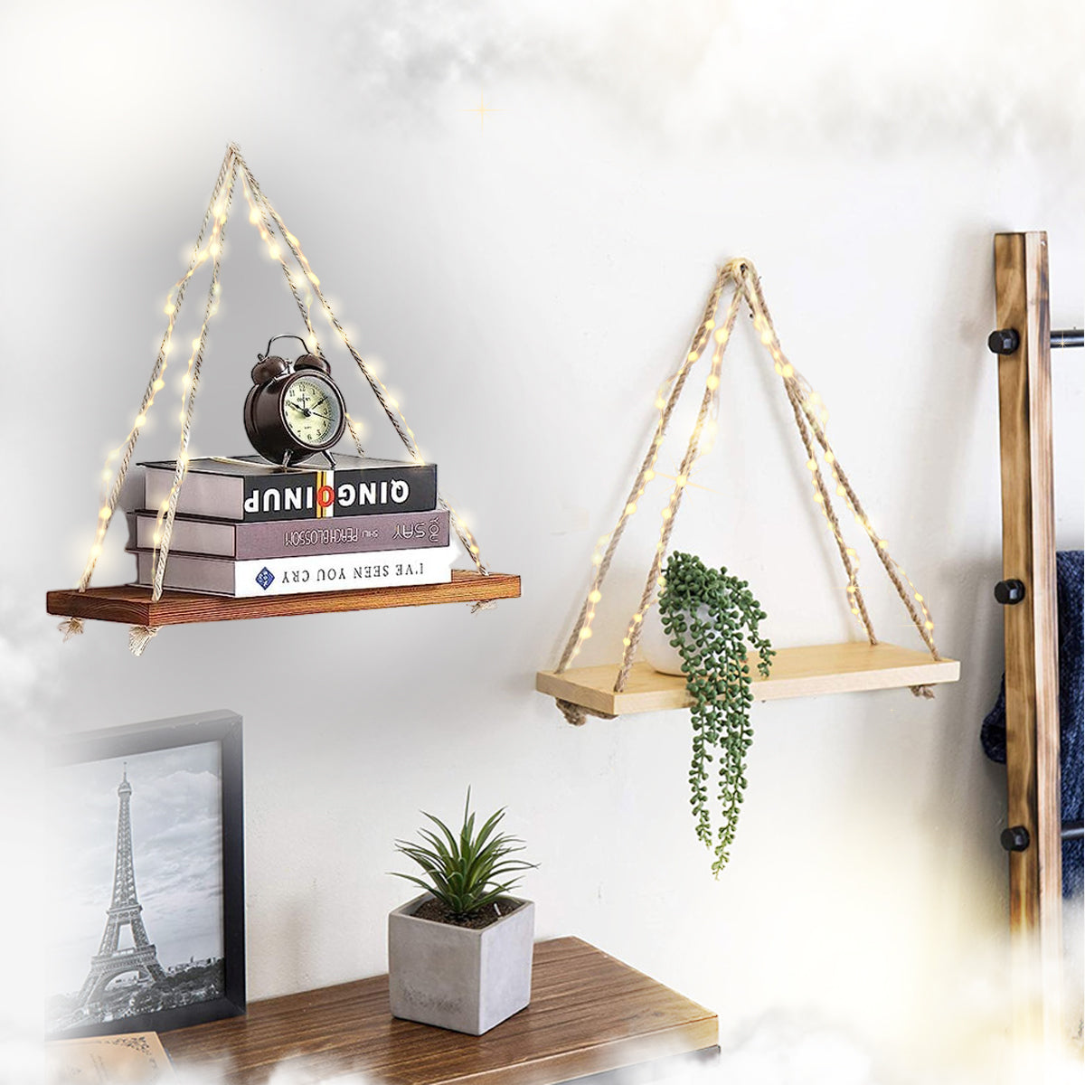 Étagère Murale Suspendue en Bois Naturel – Design Rustique et Élégant