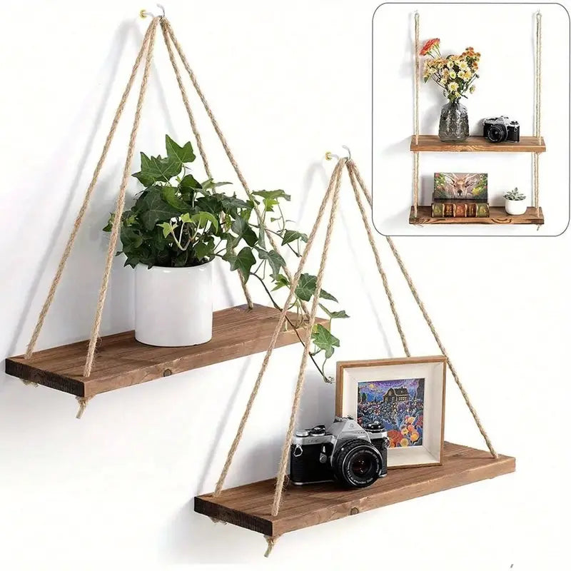 Étagère Murale Suspendue en Bois Naturel – Design Rustique et Élégant