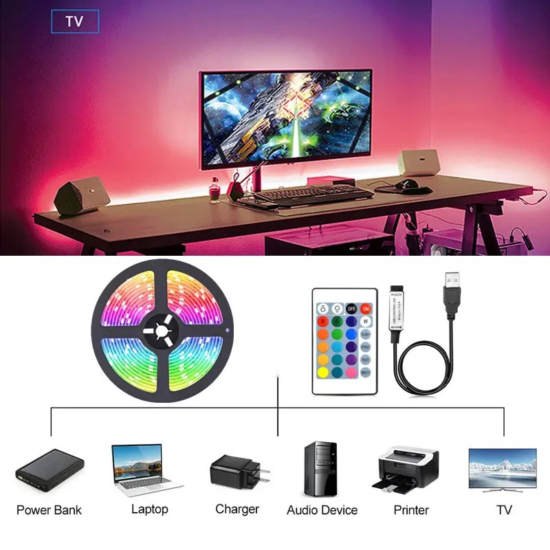 Ruban LED USB 5050 RGB 5V – 5m – Multicolore – Éclairage Ambiant pour TV, Moniteur et Décoration