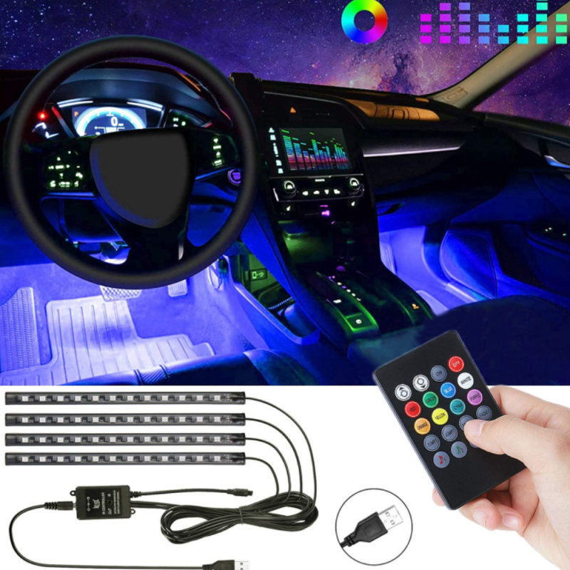 Lampe RGB LED Voiture – 7 Couleurs, Mode Réactif à la Musique, Télécommande