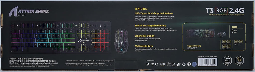 ATTACK SHARK T3 – Clavier Semi Mécanique et Souris 8D 4800 DPI Sans Fil RGB
