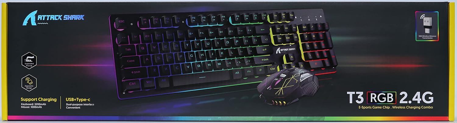 ATTACK SHARK T3 – Clavier Semi Mécanique et Souris 8D 4800 DPI Sans Fil RGB