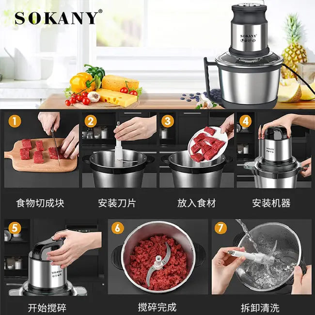 Hachoir électrique SOKANY 800W – Bol inox 3L, 4 lames