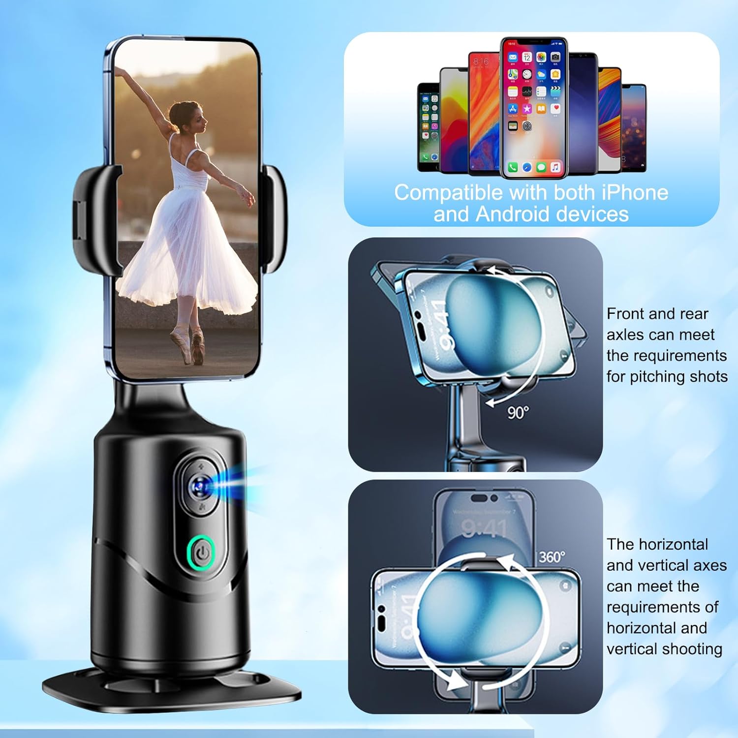 Support Caméra Intelligent Rotatif à 360°-Trépied Suivi Automatique du Visage